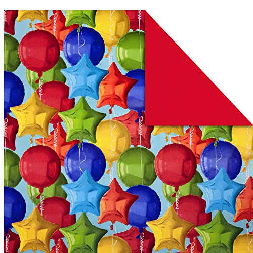 Hallmark All Occasion Reversible Wrapping Paper Bundle - Kids Birthday (3 Rolls - 75 Sq. Ft. Ttl) Balloons, Stars, Cupcakes, Blue Stripes, Solid Red #TOP3