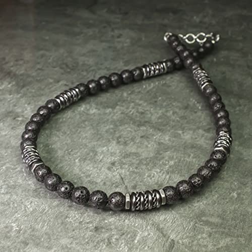 Collier Homme perles 8mm pierre naturelle Lave Volcanique noir rondelles Hématite métal INOX Style antique Fait main en France (45-50 cm expédié Amazon)