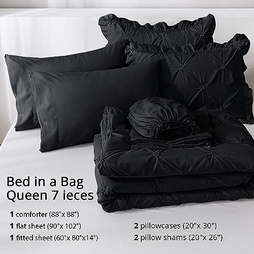 Juego de edredón Queen de 7 piezas negro con sábanas y fundas de almohada 8