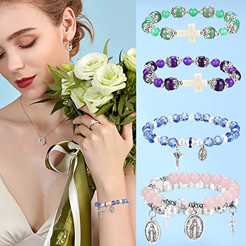 LOLIAS 8Pcs Rosary Beads Catholic Stretch Bracelets for Women Crystal Cross Bracelet with Crucifix Medal2