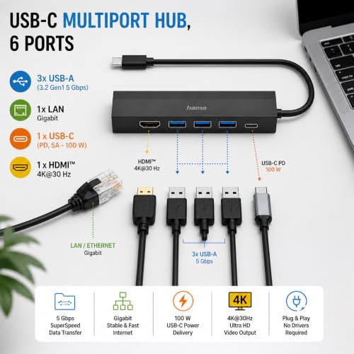Image of HAMA 6-in-1 USB-C Hub /Docking Station with 4K 30Hz HDMI, Gigabit Ethernet, 3 x USB 3.2 Gen 1 Ports, 100W PD Charging, USB-C Multiport Adapter for Laptop, MacBook, PC & Tablet - 5 Year Warranty
