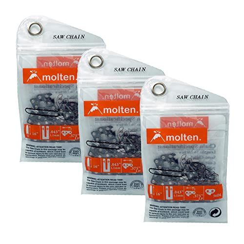 Molten. 16 Inch Chainsaw Chain Replacement for Milwaukee Chainsaw M18, Makita 18v X2 36V XCU04PT, EGO Chainsaw Power+ CS1600 CS1604, Dewalt Chainsaw 60v Flexvolt DCCS670 (3 Chains)