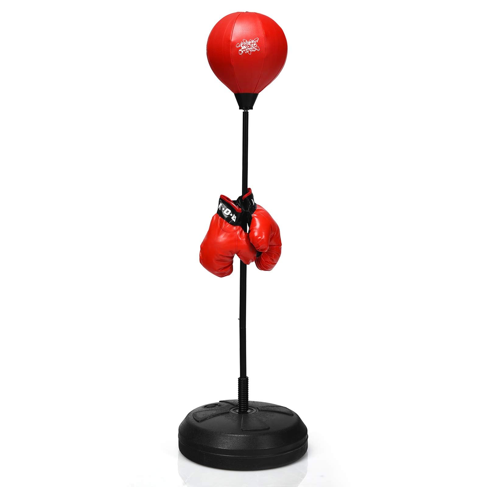 GYMAX Punching Ball avec Hauteur Réglable pour Enfants et Adultes, Sac de Frappe sur Pied avec Pompe, 2 Gants de Boxe Idéals pour l'Entraînement de Boxe, Rouge