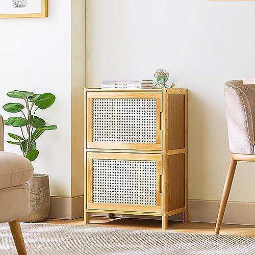 Moderno armario esquinero de bambú – Almacenamiento alto y estrecho para despensa de cocina con puertas y estantes – Elegante nizer para sala de estar y decoración del hogar