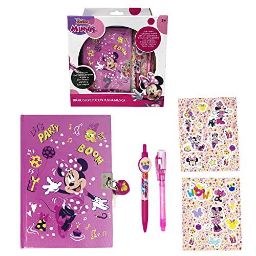 CARTOON Diario segreto Minnie per bambini con accessori, 2 penne, adesivi, lucchetto con 2 chiavi