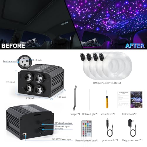Image of 4 Colors 32W Twinkle Starlight Headliner Kit for Car Home with APP&RF Remote,RGBW 1000pcs*0.03in*13.1ft Cables Fiber Optic Star Sky Roof Lights,4 Port Engine Sound Activated Car Ceiling Star Lights