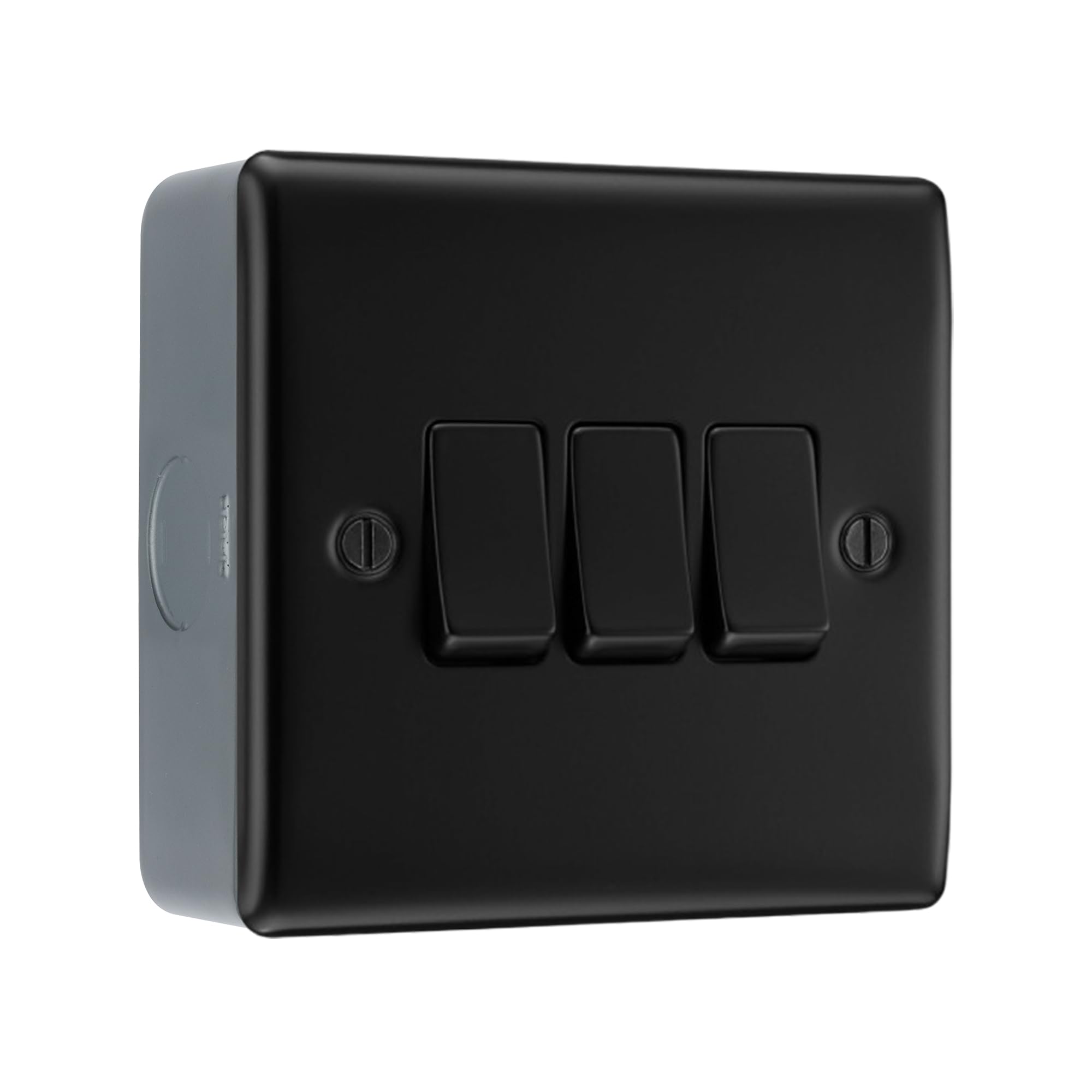 BG Nexus Metal Matt Black 3 Gang 2 Way Light Switch & Surface Pattress Back Box