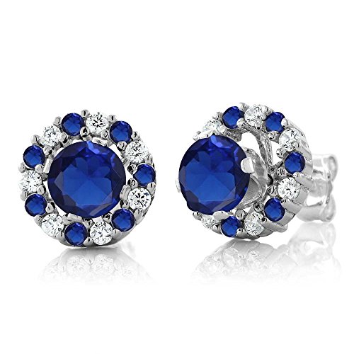 Gem Stone King 925 Sterling Silver Round Blue Simulated Sapphire Stud Earrings with Removable Jackets (1.46 cttw)