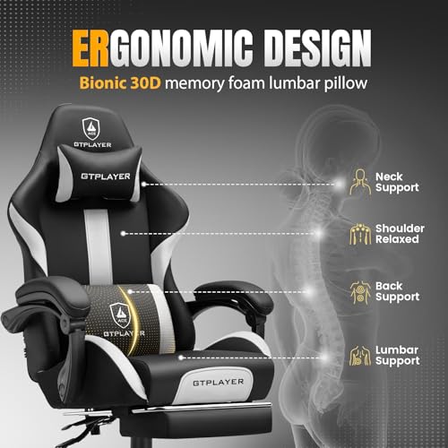 GTRACING Gaming Chair with Foot Rest & Pocket Spring Cushion, Ergonomic High Back Computer Chair with Headrest & 360°-Swivel Seat for Home Office Desk, PU Leather, White/Black