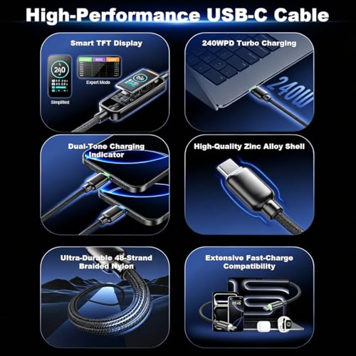 Image of Verilux PD 240W Type C Cable Fast Charging with TFT Color Screen, 480Mbps Data Cable C Type Fast Charging with Nylon Braided, Compatible for iPhone 17 /16 /15, Galaxy S26 /S25, MacBook, 1.2M