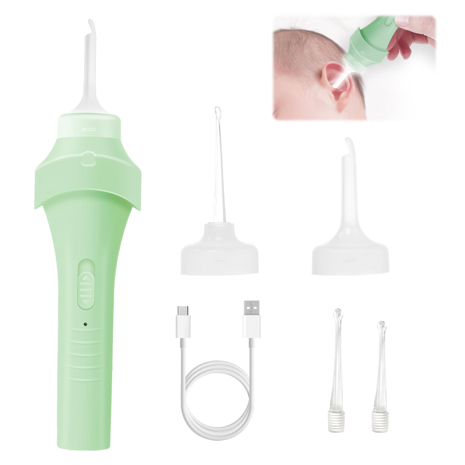 Nettoyeur Oreille Électrique Lumineux Vert, Aspirateur Oreille Cerumen avec Forte Aspiration, Cure Oreille Silicone Doux pour Adultes et Enfants, Appareil Nettoyage Oreilles Sûr et Réutilisable