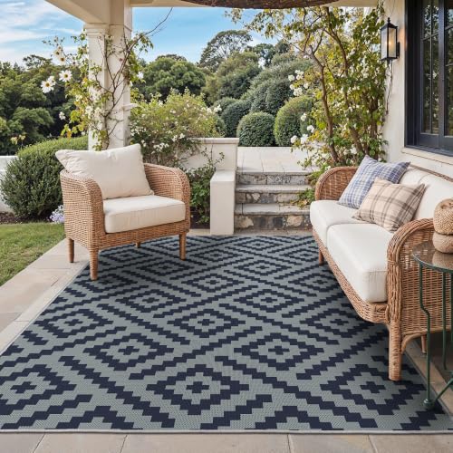 Image of GENIMO Outdoor Rug, Waterproof Plastic Rugs for Patio, 5'x8' Cloud Blue | Outside Larger Modern Carpet Mat for Porch Decor, Deck, Balcony, Camping, RV, Backyard, Picnic, Beach, Reversible, Foldable