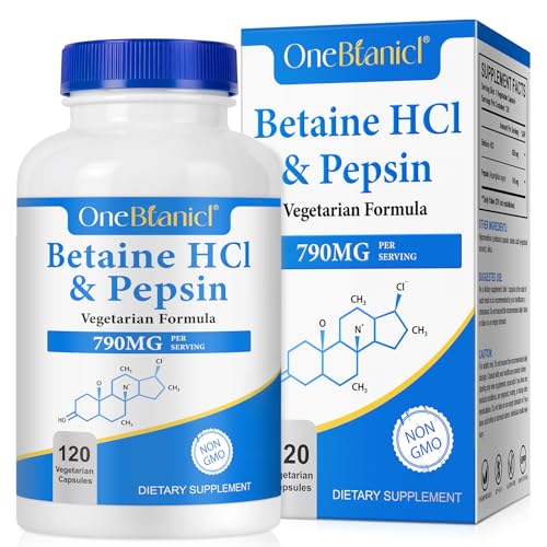 shwdppmy Betaine HCl with Pepsin Digestive Enzymes Supplement 120 Vegan Capsules 790mg Gluten-Free Formula for Digestive Support & Stomach Comfort Plant-Based Non-GMO