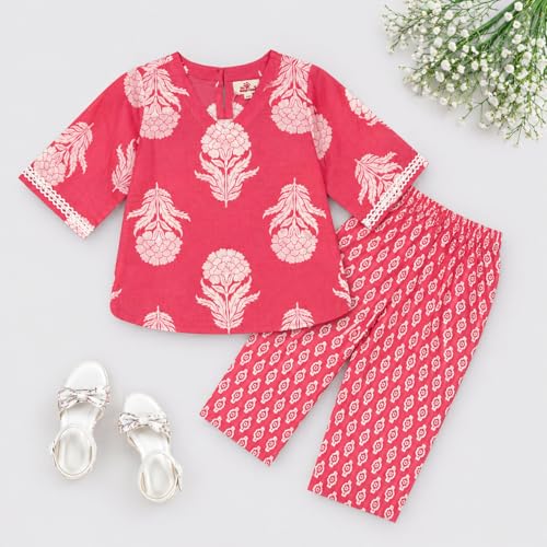 Image of The Magic Wand Cotton Night Suit for Girls 3 /4 Sleeves Baby Kids Flora Print Top & Pant Set Sleepwear Night Dress co ord Set, Nightwear Girls Pyjama Set