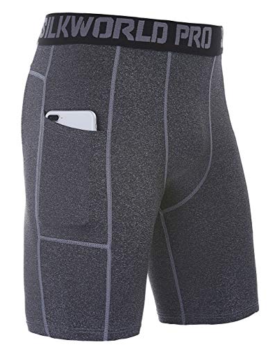 SILKWORLD Men's Compression Shorts Pockets Sports Running Tight,Hemp Grey,S