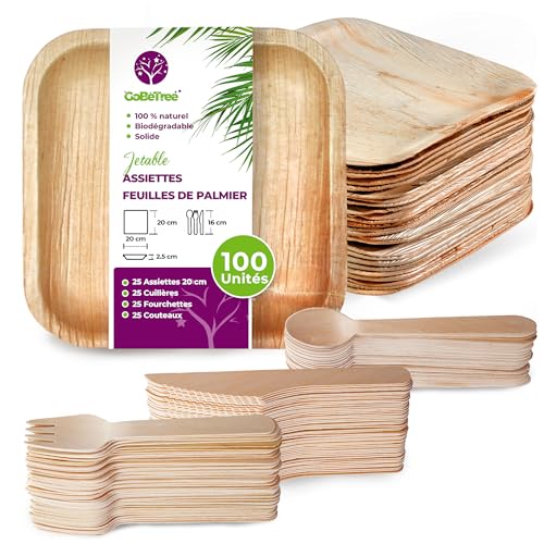 25 Assiettes jetables en feuille de palmier carrées 20 cm avec 75 couverts jetables en bois, vaisselle jetable élégante, similaire au bambou, service de...