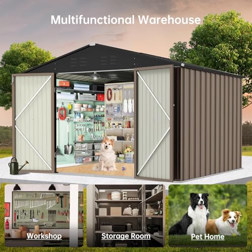 Image of 8X8FT Metal Outdoor Storage Shed - Galvanized Steel Waterproof Garden Shed with Lockable Doors & Vents, All-Weather Utility Tool Shed for Lawn Mower, Bike