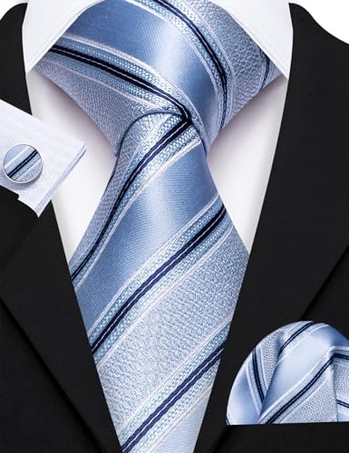 Image of Barry.Wang Plaid Ties Check Mens Necktie Set with Handkerchief Cufflinks Classic Stripe