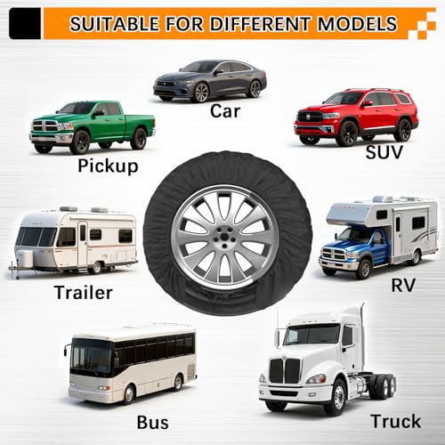 Image of KALINCO RV Tire Covers 4 Pack, Waterproof Wheel Cover, Anti-UV Sun Rain Snow Tire Covers for Travel Trailer Truck RV SUV Camper