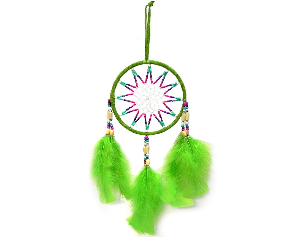 Mia Jewel Shop Large Dream Catcher Natural Feather Multicolored Beaded Dangle Hanging Ornament - Handmade Gifts Boho Home Room Decor Accessories (Lime Green)