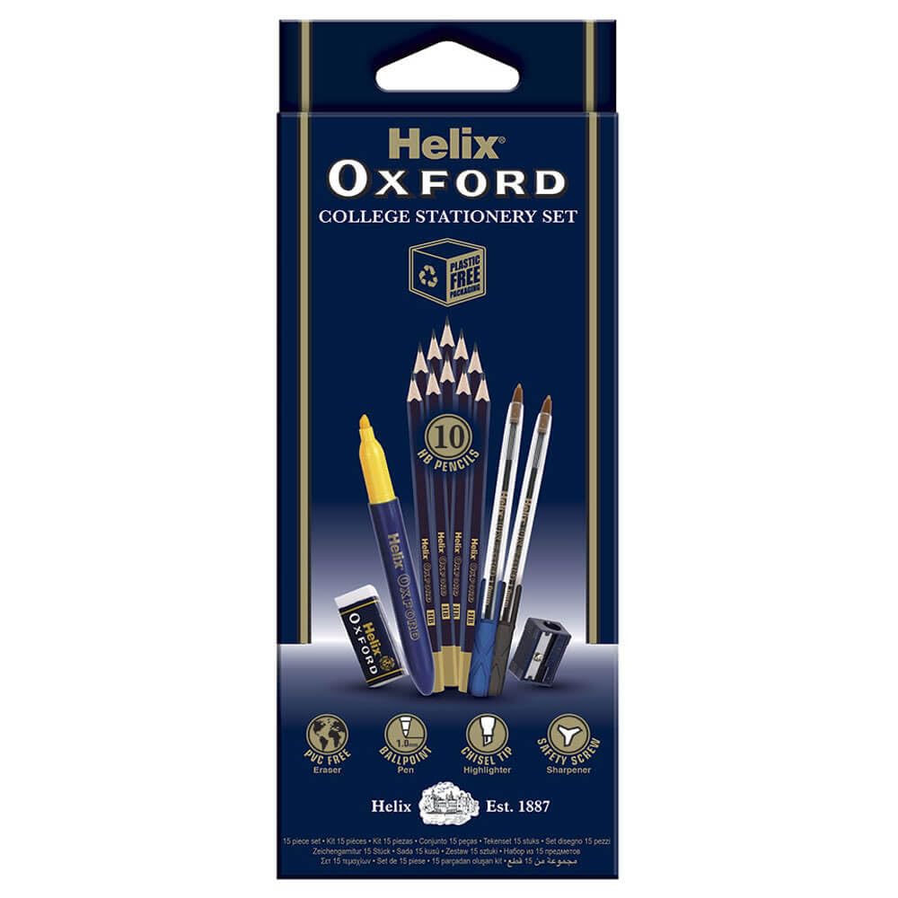 Helix Oxford College Stationery Set (x10 Pencils, x2 Pens, Highlighter, Eraser and Sharpener)