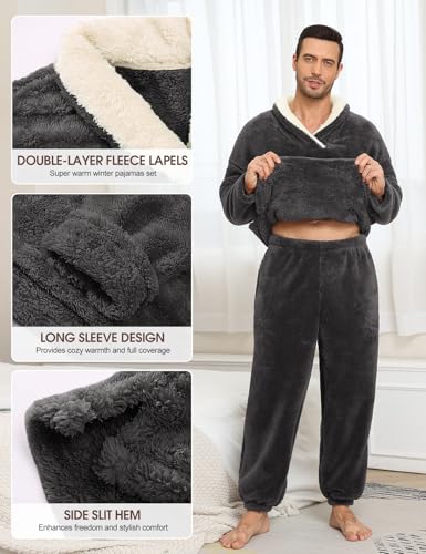 Fluffy Men's Pajamas Set, Soft Fleece PJs Sets Lounge Sleepwear Pajama Pants Comfy Pyjamas with Pockets for Warm Winter4