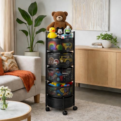 Image of RADIANT 5 Layer Multipurpose Plastic Trolley with Dish Rack for Kitchen Fruit Vegetable Storage Basket Kitchenware Food, Snacks, Toys, Tiered Shelf (Black) (Round Trolley-5 Layer)