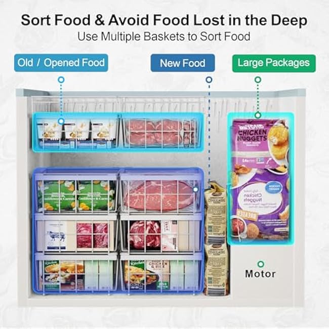 iSPECLE Chest Freezer Organizer - 2 Pack Hanging Freezer Organizer Bins with Expandable Handle for 10 to 20 Cu.Ft, Sort and Easy Slide to Get Bottom Frozen Food, Sturdy Baskets, White