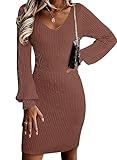 Sidefeel Sweater Dress Casual Long Sleeve Fall Dress for Women 2023 Ribbed V Neck Pullover Sweaters Fall Fashion Wedding Guest Sexy Bodycon Knit Dress Medium Brown