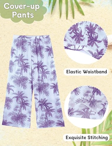 Image of Happy Cherry Girl's 4PCS Swimsuits Tropical Print Halter Bikini Set Bathing Suits with Kimono and Cover Up Pant Boho Swimwear