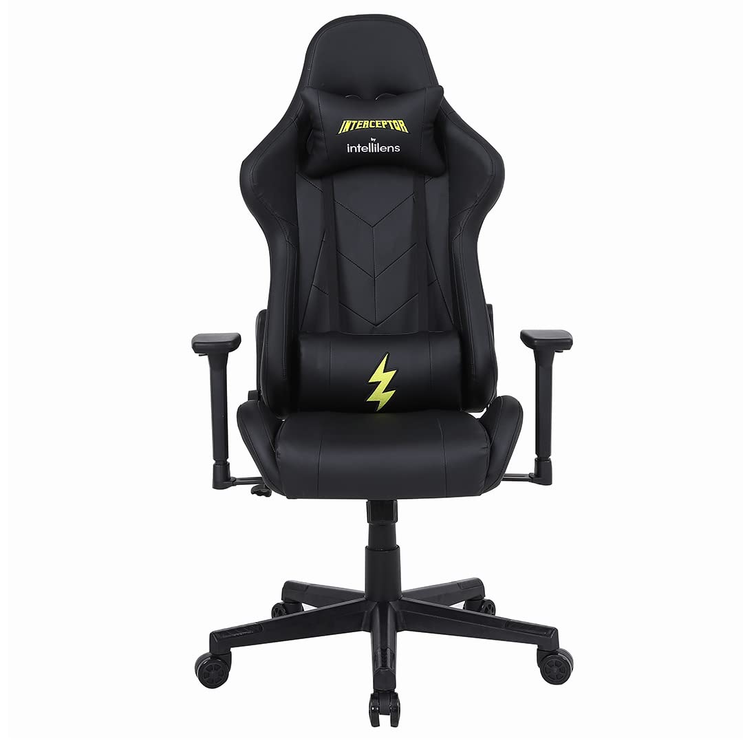 INTERCEPTOR Gaming Chair SPACEAGE Series | PU + PVC Fabric Office Chair | Ergonomic With Adjustable Neck & Lumbar Pillow, 3D Adjustable Armrests - Black