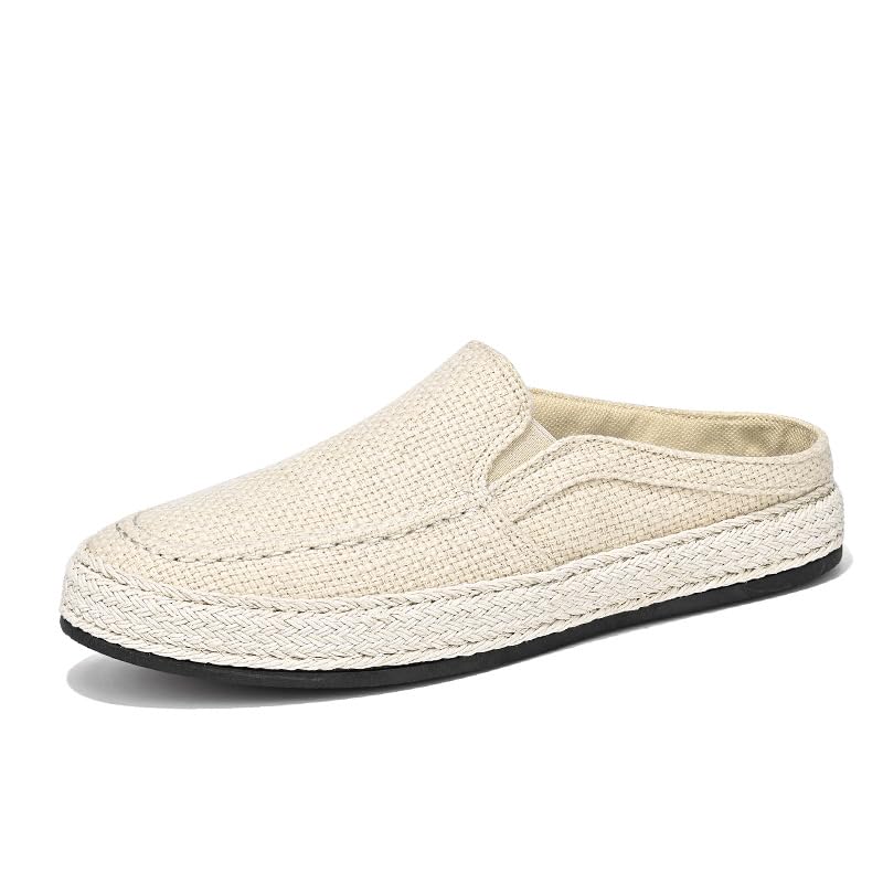 Men's Canvas Linen Flat Mules Comfy Clog Slippers Closed Toe Breathable Slip on Loafers Non-Slip Casual Shoes