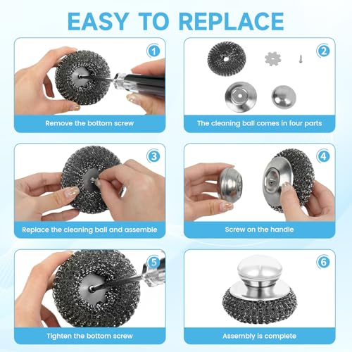 Image of 6Pcs Steel Wool Scrubber, Stainless Steel Scrubber with Handle for Cleaning Kitchen and Household Stubborn Messes from Stoves Pans Pots Grill Sink with Replacement Wire Brush Set (2 Pcs+4 Replacement)