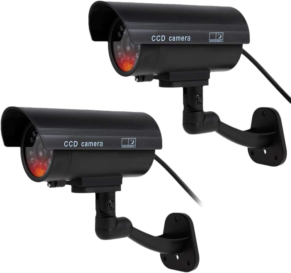 YESKAMO Fake Dummy CCTV Camera for Home Indoor Outdoor Security 2 Pack Stimulated Bullet Cameras System with 30pcs Blinking Flashing Led Light and Warning Alert Sticker Decals