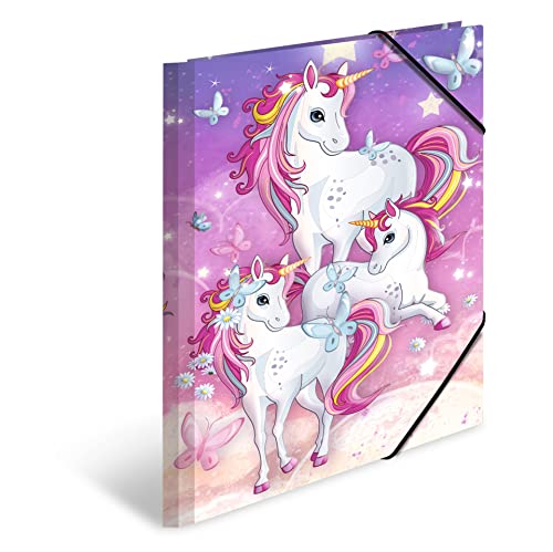 HERMA 19374 Carpeta A4 para guardería, diseño de unicornio, juego de 3 unidades, cartón estable, impresión interior completa y elástico, para documentos de niños