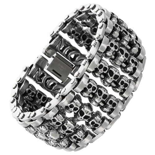 Klapgo Mens Gothic Skull Bracelet 316L Stainless Steel Chain Bracelet for Men Heavy Duty Biker Bracelets Prefer for Motorcycle-Inspired Jewelry