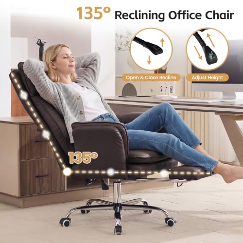 Image of Big and Tall Office Chair, Footrest & Flip Armrest for Pets, PU Dark Brown | Executive Ergonomic Criss Cross Chair, Reclining High Back Desk Chair, Leather Swivel Computer Chair with Lumber Pillow