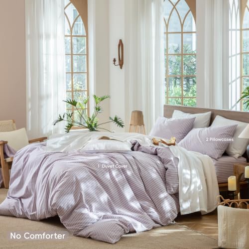 Image of MooMee Striped Duvet Cover Set 100% Washed Cotton Linen Like Queen