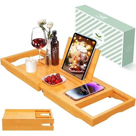 Artmalle Bathtub Caddy Tray for Tub, Expandable Bamboo Bath Table Tray with Book Stand for Home Spa Relaxing, Foldable Minimalist Bathroom Accessories for Women Men (Simple, Natural) (Natural) Cover