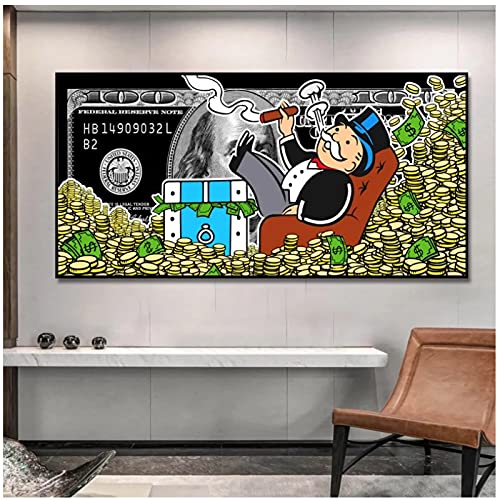 Wall Art 19.7x39.4in (50x100cm) x1pcs Geen Frame Street Art of Monopoly Liggend In Een Stapel Geld Canvas Schilderijen op de Muur Dollars Posters en Print voor Moderne ome Cuadros - Afbeelding 5