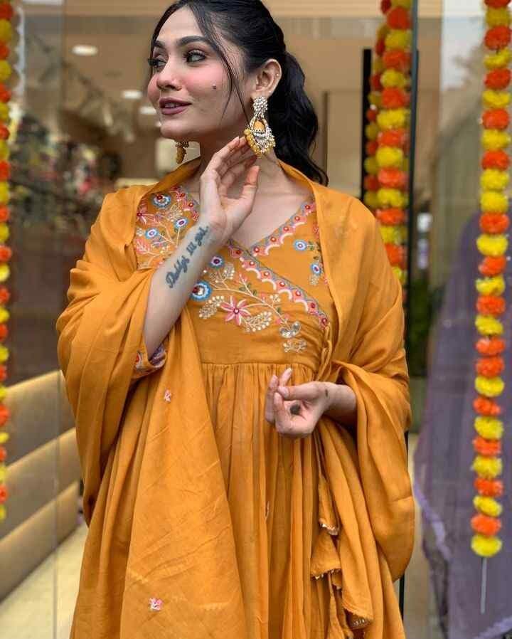 Image of Shiv Textiles Women's Chanderi Silk Embroidered Kurta Pant Dupatta Set(JDA-ANKITA-Orange-L)