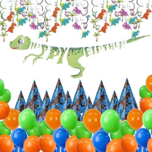 Image of WP WANNA PARTY Dinosaur Theme Birthday Decoration Combo for Dinosaur Party, Jungle Animal Theme Party- Dinosaur Swirl Hanging, Dinosaur Hats and Green,Orange and Blue Balloons-41 Pieces