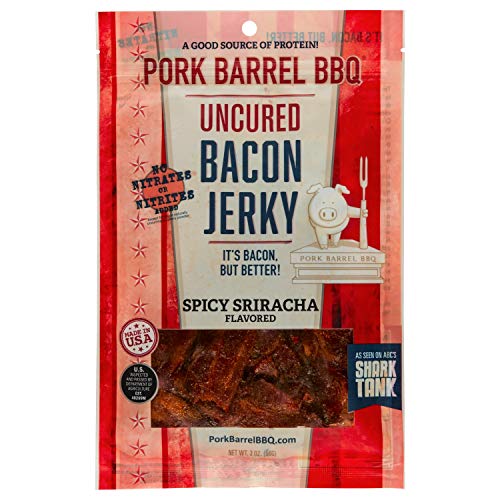 Pork Barrel BBQ Uncured Bacon Jerky, Spicy Sriracha Jerky, Sriracha Hot Sauce and Naturally Smoky Bacon, 2 OZ Snack Pack | As Seen on Shark Tank | Nitrate and Nitrite Free, Gluten Free