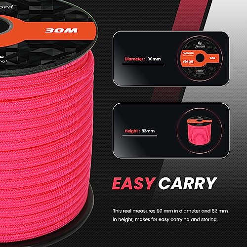 Abma Cord Paracord 620 lbs 4mm 9 Strands 100% Nylon 30M - Rose red, Solid-rose Red, 30 Meters - Image 2