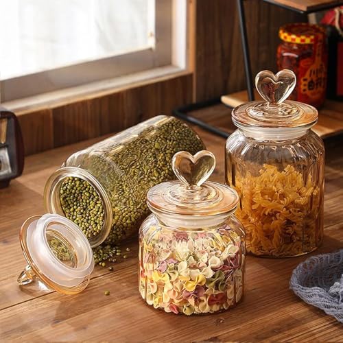Image of MARTVIA Brown Glass Food Storage Jars with Glass Lids 1000ml Set of 4, Love Heart Handle Lid Jar for Home Kitchen,Flour, Sugar, Coffee, Pasta,Grains, Cookies, Snacks (Heart 1000 ML Jar, SET OF 4)