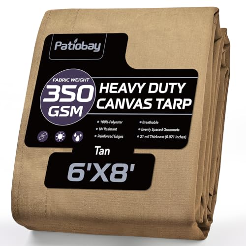 Patiobay Canvas Tarp 6x8 Feet 12 Oz Heavy Duty Water Resistant with Rustproof Grommets UV Resistant Multipurpose Outdoor Tarpaulin for Camping Canopy Woodpile Trailer (Tan)