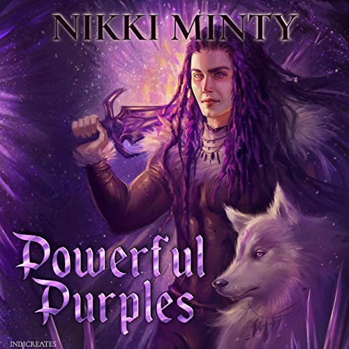 Powerful Purples: The Zadok Series, Book 3 audiobook cover depicting a purple haired person, next to a wolf