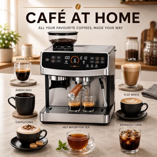 Image of Coffee Machine with Grinder for Home, 20 Bar Automatic Coffee Machine Bean to Cup, Barista Style Coffee Maker with Milk Frother Wand, Professional Espresso Maker for Office