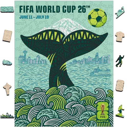 Image of FIFA World Cup 2026 Seattle City Poster Wooden Puzzle for Adults, 200 Piece Unique Shape Jigsaw Puzzle, 5MM Thick, Officially Licensed Soccer Fan Collectible Gift, 9.3x11.8''