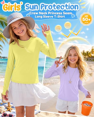 Image of 3 Pack Girls' Rash Guard Swim Long Sleeve Shirt UPF 50+ UV Sun Protection Quick Dry Tee with Thumb Holes 5-14Y